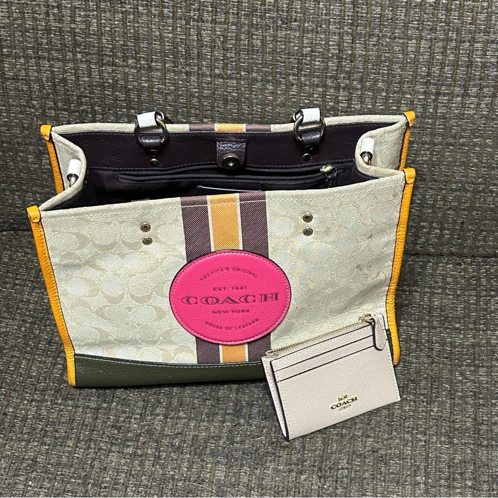 Coach Beige Tote with Pink and Yellow Accents